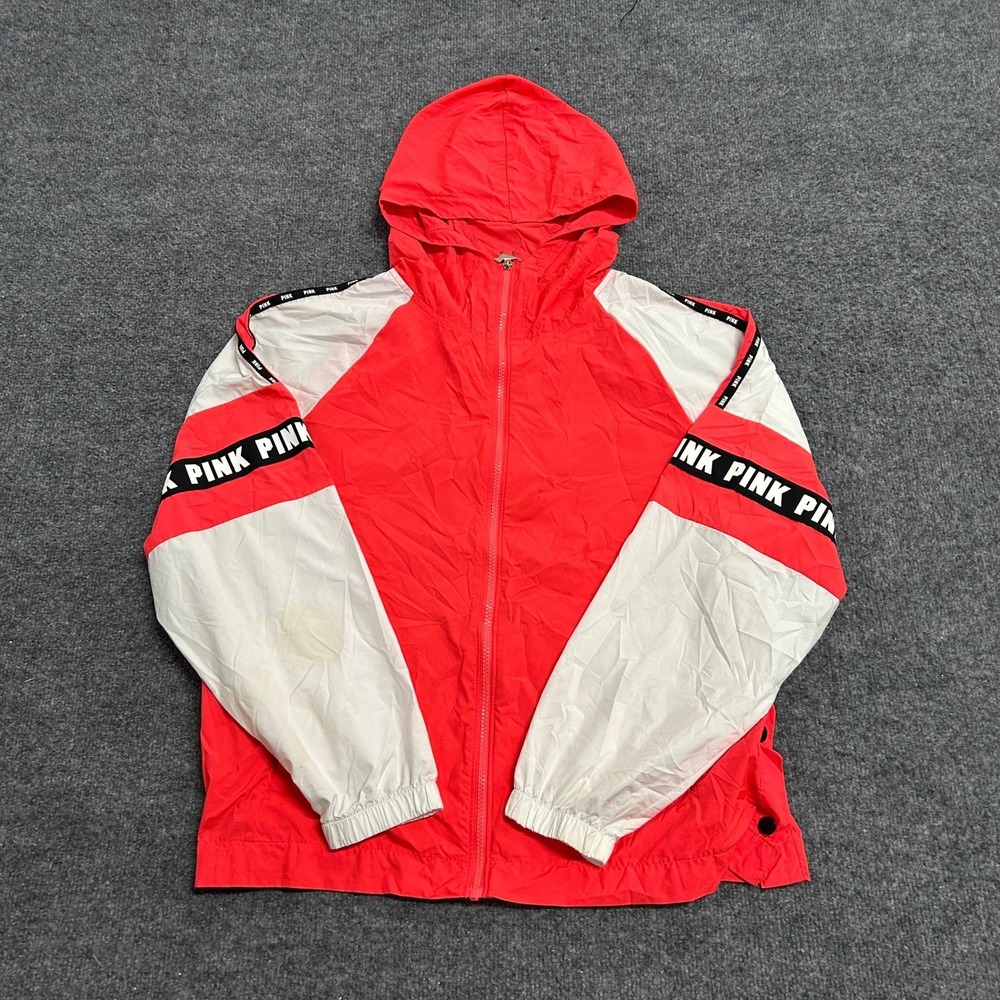 Pink Windbreaker Womens Size M Red White Colorblock Logo Tape Hooded Full Zip